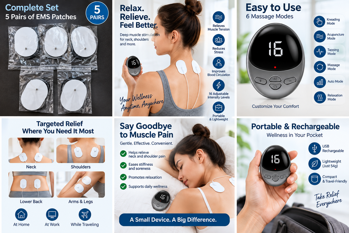 EMS neck and shoulder massager features, 5 pairs of patches, massage modes, targeted relief, and portable rechargeable design