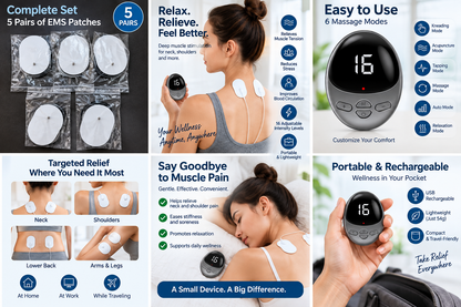 EMS neck and shoulder massager features, 5 pairs of patches, massage modes, targeted relief, and portable rechargeable design