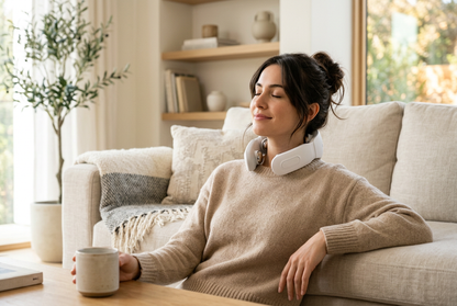 Woman wearing 4-Head Cervical Neck Massager while relaxing on couch